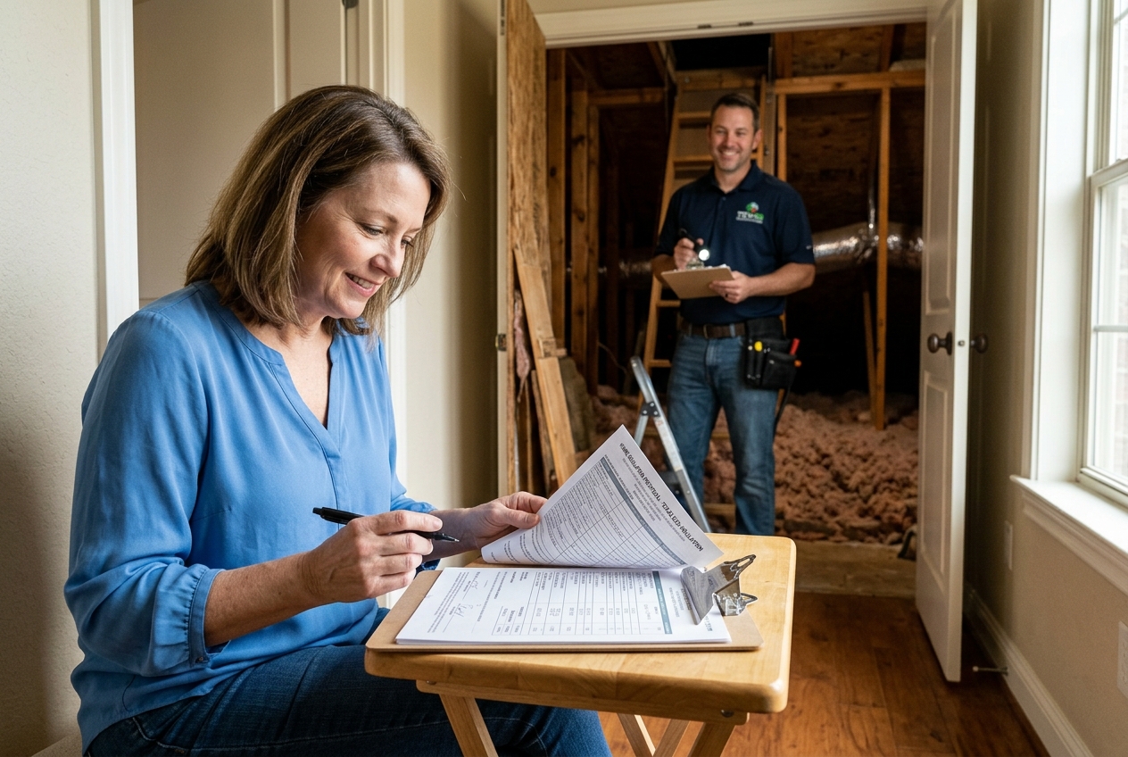Homeowner reviewing attic insulation estimate with Cypress TX contractor